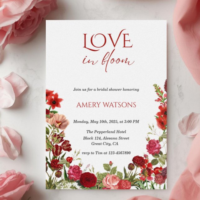 Kärlek i blom Röda blomsterbröllopsdusch Inbjudningar (red floral invitation, red bridal shower invitation, calligraphy, garden spring outdoor bridal showe)