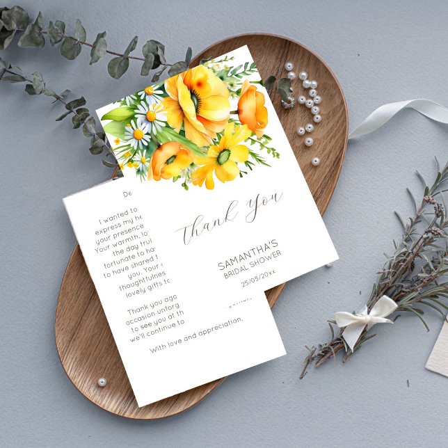 Kärlek i blom spring sommar bröllopsfest tack kort (Love in bloom spring summer bridal shower thank you card yellow buttercup wild daisy thank you card)