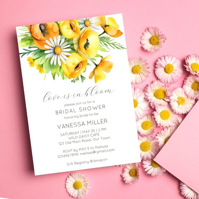 Kärlek i blomman vår sommarblommans möhippa inbjudningar (Love in bloom spring summer flower bridal shower template invitation digital download yellow daisies)