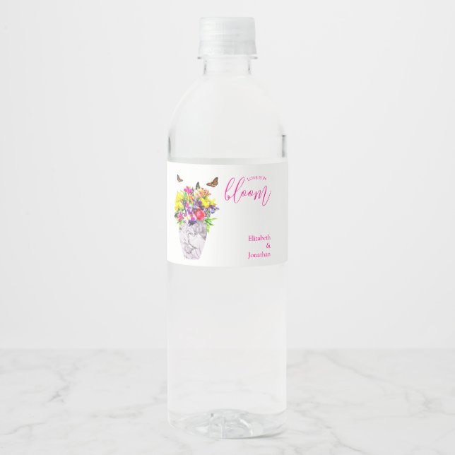 Kärlek i Bloom Blommigt Bröllop Vattenflaskor Etikett (Framsida)