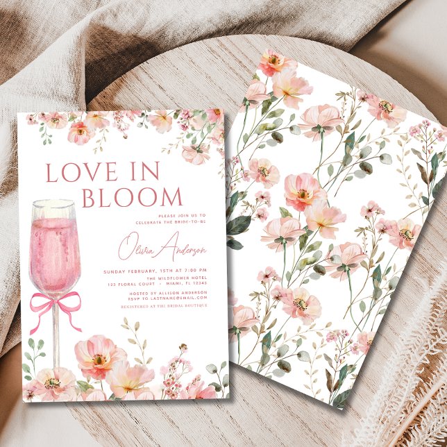 Kärlek i Bloom Champagne Rosa Bow Möhippa Inbjudningar (Skapare uppladdad)