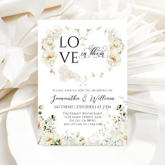 Kärlek i Bloom Heart Flower Monogram Bröllop Inbjudningar