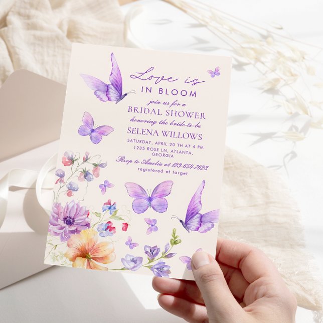 Kärlek i Bloom Lila Butterflies Möhippa Inbjudningar (Skapare uppladdad)