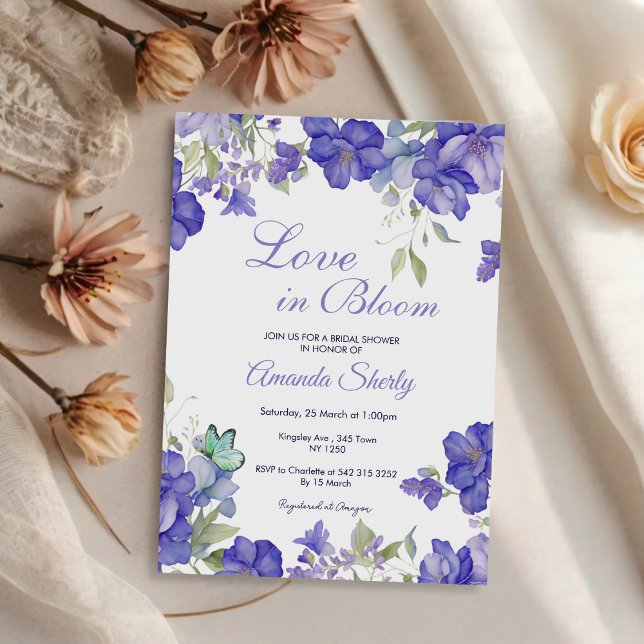Kärlek i Bloom Lila Inbjudningskort för möhippan (Love in Bloom Purple Bridal Shower Invite)