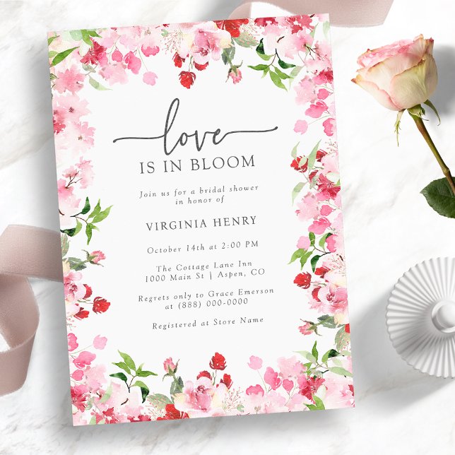 Kärlek i Bloom-Möhippan Inbjudningar (Love Is In Bloom Bridal Shower Invitation - Red and Pink Watercolor Floral)
