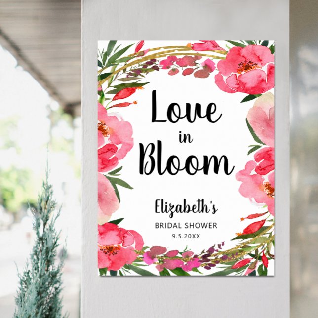Kärlek i Bloom Rosa Flowers Möhippa Poster (Love in Bloom Pink Peony Flowers Bridal Shower Welcome Poster, PRINTED or INSTANT DOWNLOAD)