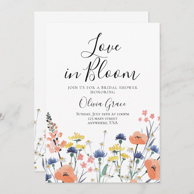 Kärlek i Bloom Wildblomma inbjudningskort för möhi (Fram/baksida)