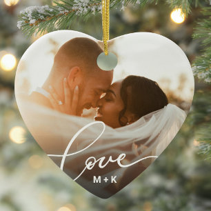 Kärlek i Elegant Script Bröllopsfoto Julgransprydnad Keramik