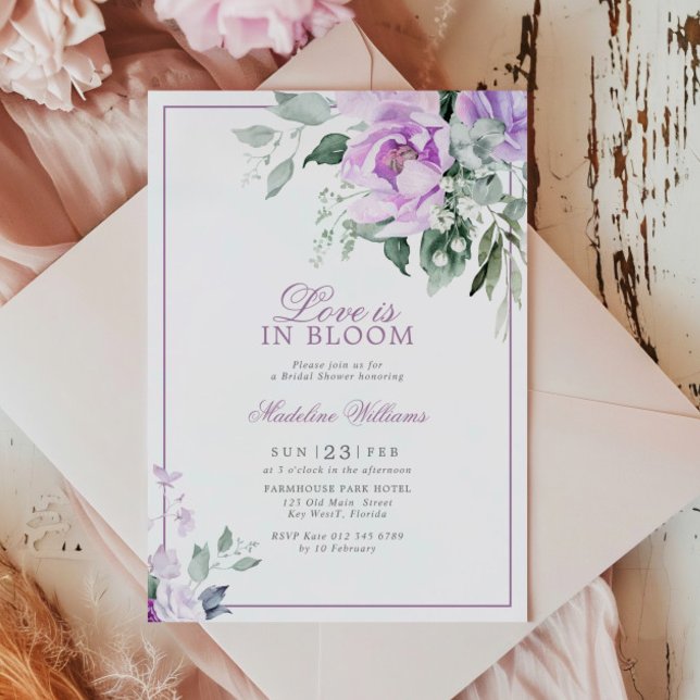 Kärlek i Eucalyptus Violet Flowers finns i blodomd Inbjudningar (Skapare uppladdad)