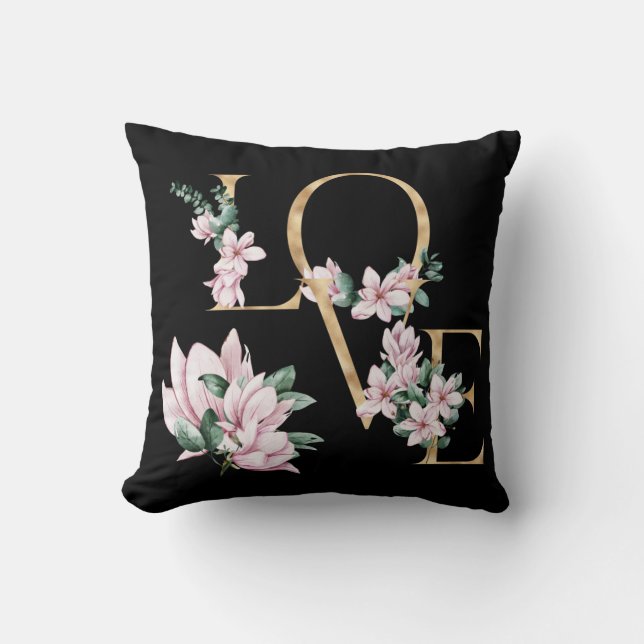 Kärlek i guld brev med magnolia blommor kudde (Framsida)