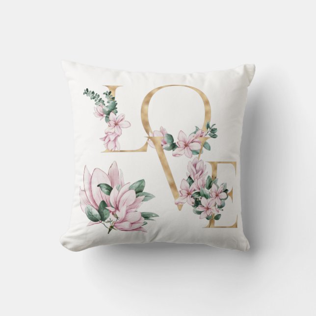 Kärlek i guld brev med magnolia blommor kudde (Framsida)