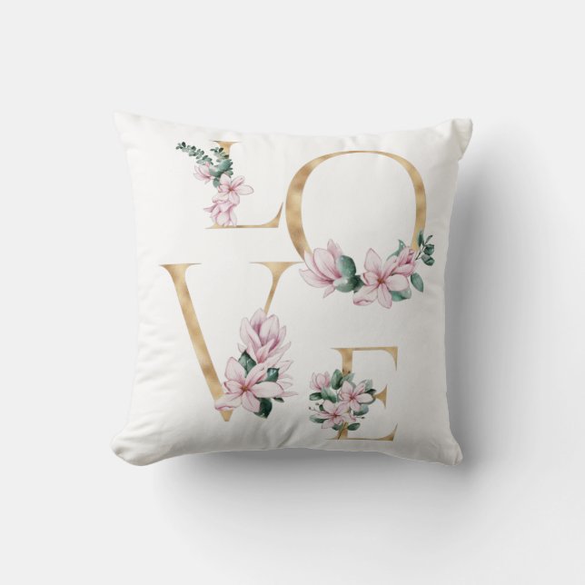 Kärlek i guld brev med magnolia blommor kudde (Framsida)