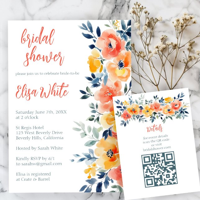 Kärlek i Knopp Vattenfärg Blommig Bröllopsdusch QR Tilläggskort (Love in Bloom Watercolor Floral Bridal Shower QR Enclosure Card
)