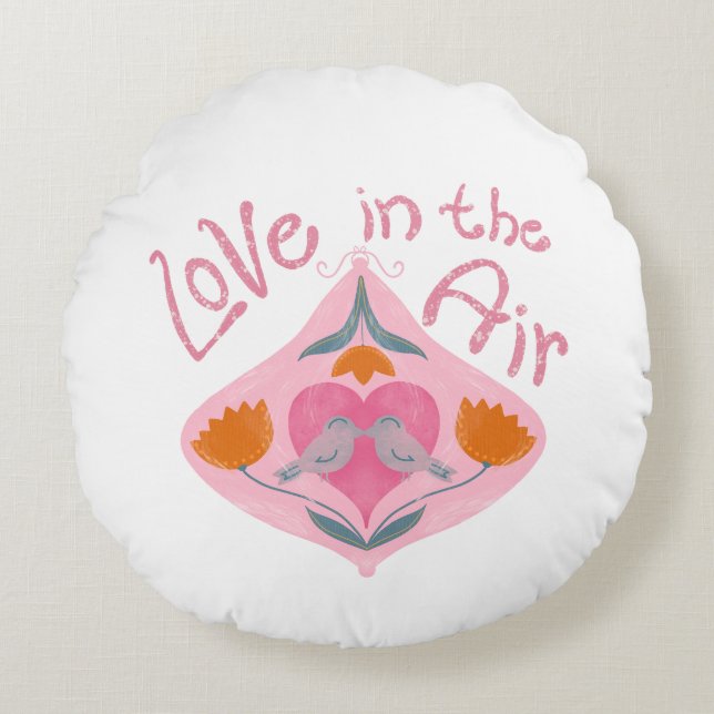 Kärlek i luft valentinfåglar och blommor rund kudde (Framsidan)