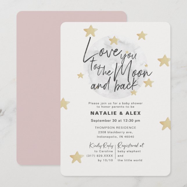 Kärlek inbjudan till Måne & Back Girl Baby Shower (Fram/baksida)