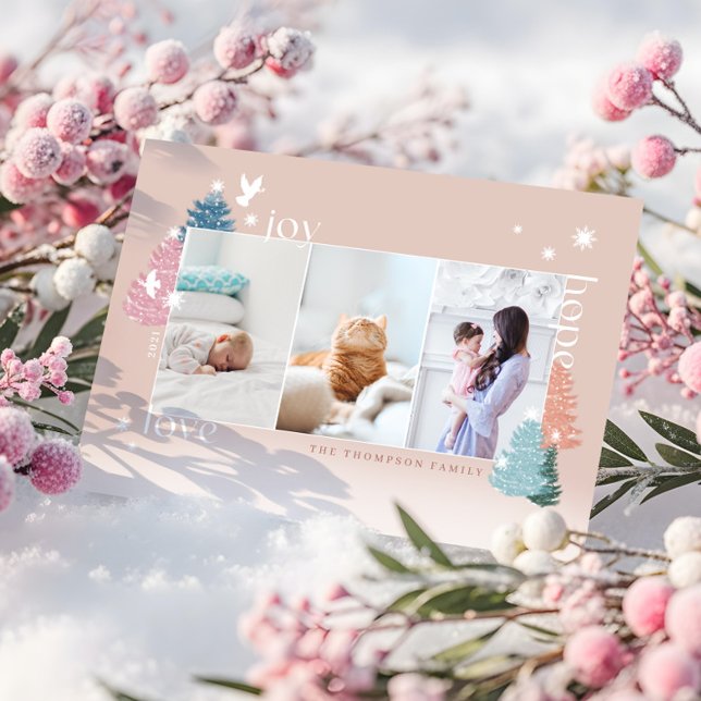 Kärlek Joy Hope Pastel Julgran Forest 3 Photo Julkort (Love Joy Hope Pastel Christmas Tree Forest 3 Photo Holiday Card)