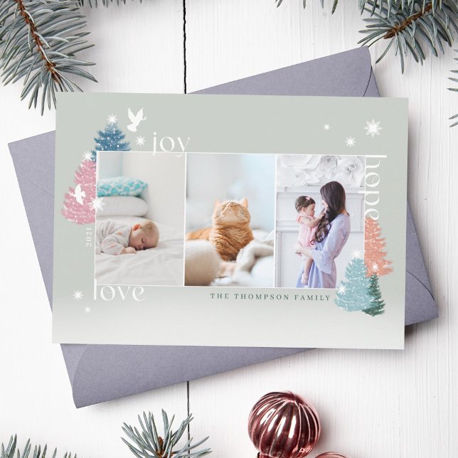 Kärlek Joy Hope Pastel Julgran Forest 3 Photo Julkort (Love Joy Hope Pastel Christmas Tree Forest 3 Photo Holiday Card)