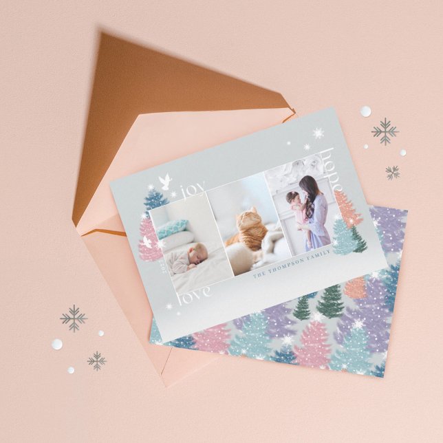 Kärlek Joy Hope Pastel Julgran Forest 3 Photo Julkort (Skapare uppladdad)
