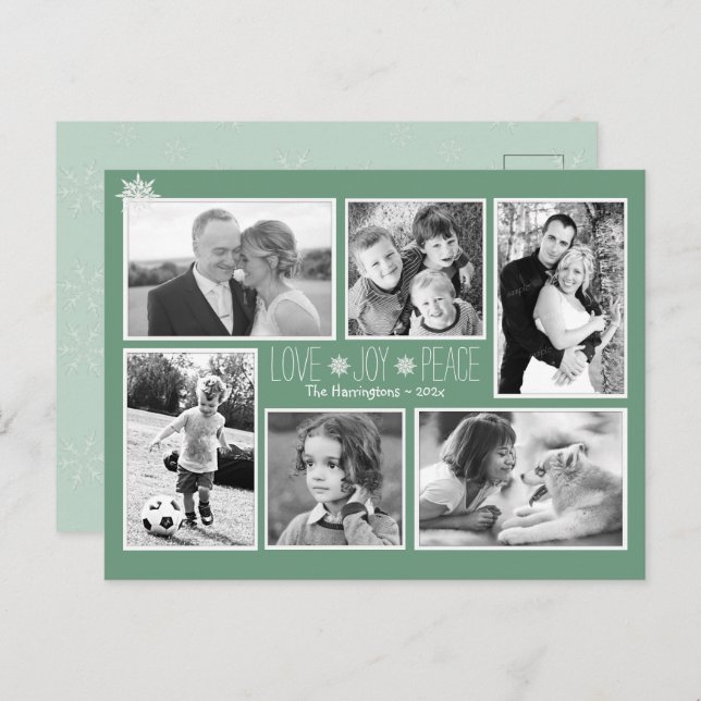 Kärlek Joy Peace jul-fotopapport för Snöflingor Vykort (Fram/baksida)