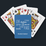 KÄRLEK JOY PEACE Personlig Hanukkah Casinokort<br><div class="desc">Snyggt HANUKKAH spelar kort med KÄRLEK JOY PEACE inklusive hebreiska översättningar i vit typografi mot en TEKHELET BLUE-bakgrund. Text är ANPASSADE, i fodral vill du ändra någonting. LYCKLIG HANUKKAH är också anpassade, så du kan skapa din egen text eller lägga till ditt namn eller initialer. Matchande objekt är tillgängliga. Välj...</div>