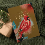 Kärlek Joy & Peace Red Cardinal Watercolor Grönt Julkort<br><div class="desc">Vår kardinalanda med julkort är ett uttryck för värme, liv och helgdag inspirerad av naturen. Uttryckliga penseldrag och penndrag kombineras med våra konstnärliga, stiliserade röda kardinalbilder av fåglar. Att väcka känslan av kärlek, glädje och fred. Mättade gråtoner av , , djupa svarta, safirblåa och mörk gyllene nyanser kombineras på ett...</div>
