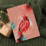 Kärlek Joy & Peace Red Cardinal Watercolor  Julkort<br><div class="desc">Vår kardinalanda med julkort är ett uttryck för värme, liv och helgdag inspirerad av naturen. Uttryckliga penseldrag och penndrag kombineras med våra konstnärliga, stiliserade röda kardinalbilder av fåglar. Att väcka känslan av kärlek, glädje och fred. Mättade gråtoner av , , djupa svarta, safirblåa och mörk gyllene nyanser kombineras på ett...</div>