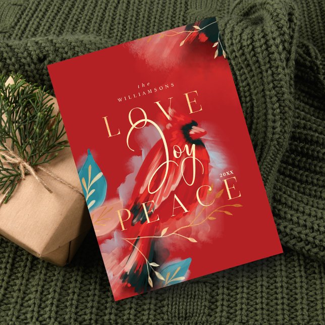Kärlek Joy & Peace Red Cardinal Watercolor Red Julkort (Love Joy & Peace Red Cardinal Watercolor Red Holiday Card)