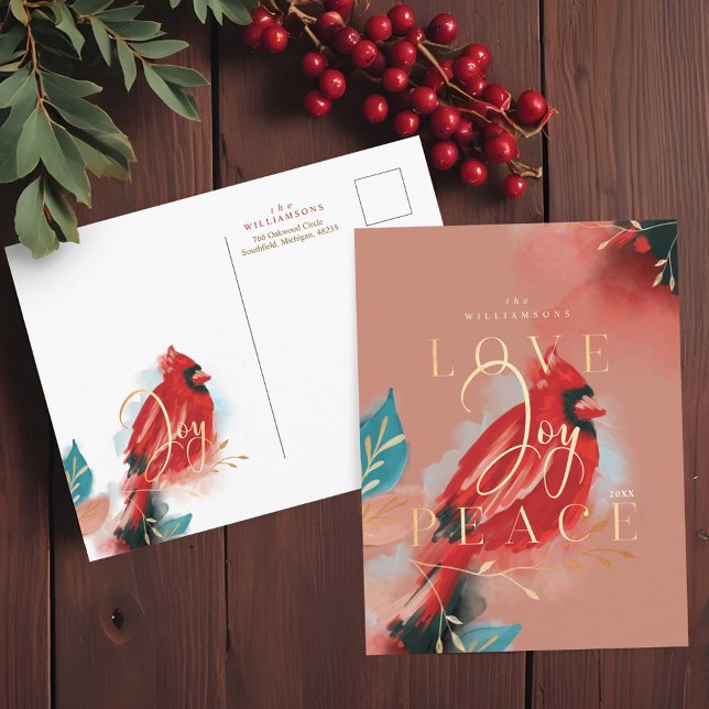 Kärlek Joy & Peace Red Cardinal Watercolor  Vykort (Love Joy & Peace Red Cardinal Watercolor Blush Postcard)