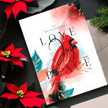 Kärlek Joy & Peace Red Cardinal Watercolor White Julkort<br><div class="desc">Vår kardinalanda med julkort är ett uttryck för värme, liv och helgdag inspirerad av naturen. Uttryckliga penseldrag och penndrag kombineras med våra konstnärliga, stiliserade röda kardinalbilder av fåglar. Att väcka känslan av kärlek, glädje och fred. Mättade gråtoner av , , djupa svarta, safirblåa och mörk gyllene nyanser kombineras på ett...</div>