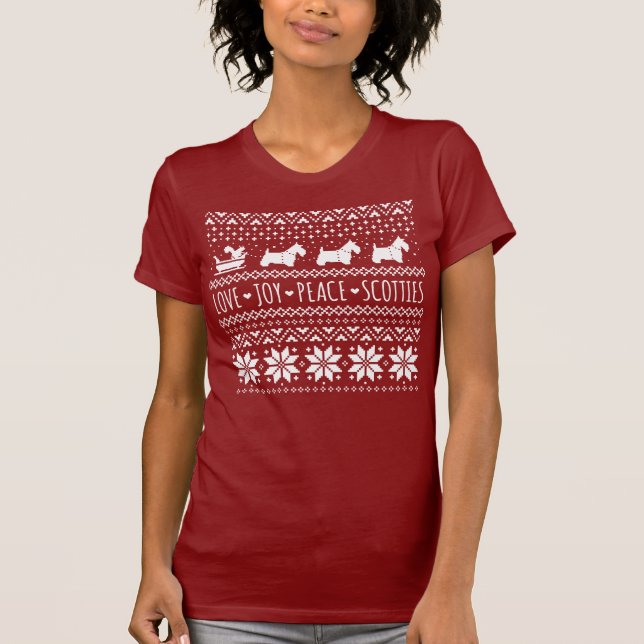 Kärlek Joy Peace Scotties jul Helgdag Hundar T Shirt (Framsida)