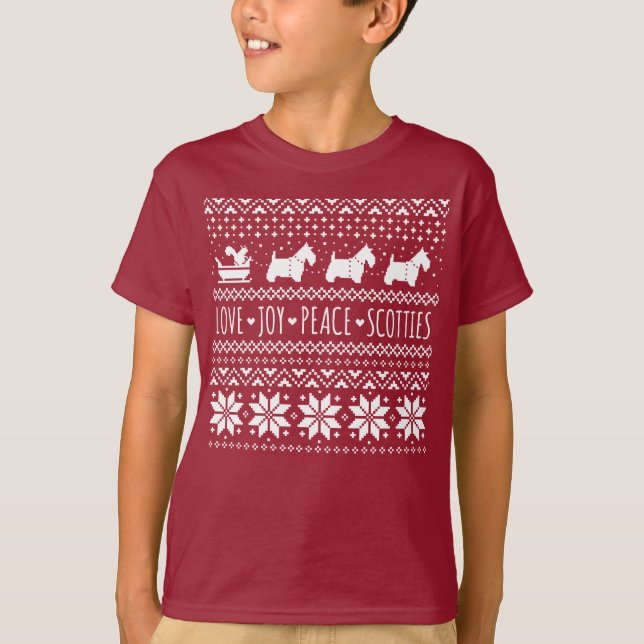 Kärlek Joy Peace Scotties jul Helgdag Hundar T Shirt (Framsida)
