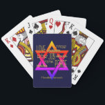KÄRLEK JOY PEACE Star of David Hanukkah Casinokort<br><div class="desc">Snyggt HANUKKAH spelar kort med KÄRLEK JOY PEACE inklusive hebreiska översättningar i guld typografi mot en färgstark stjärna av David och midnattblå bakgrund. All text är ANPASSADE om du vill ändra något. HANUKKAH SAMEACH är också anpassade, så du kan skapa din egen text eller lägga till ditt namn eller initialer....</div>