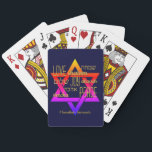 KÄRLEK JOY PEACE Star of David Hanukkah Casinokort<br><div class="desc">Snyggt HANUKKAH spelar kort med KÄRLEK JOY PEACE inklusive hebreiska översättningar i guld typografi mot en färgstark stjärna av David och midnattblå bakgrund. All text är ANPASSADE om du vill ändra något. HANUKKAH SAMEACH är också anpassade, så du kan skapa din egen text eller lägga till ditt namn eller initialer....</div>