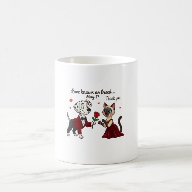 Kärlek Känner Inga Ras Dalmatiner och Siamese Katt Kaffemugg (Center)