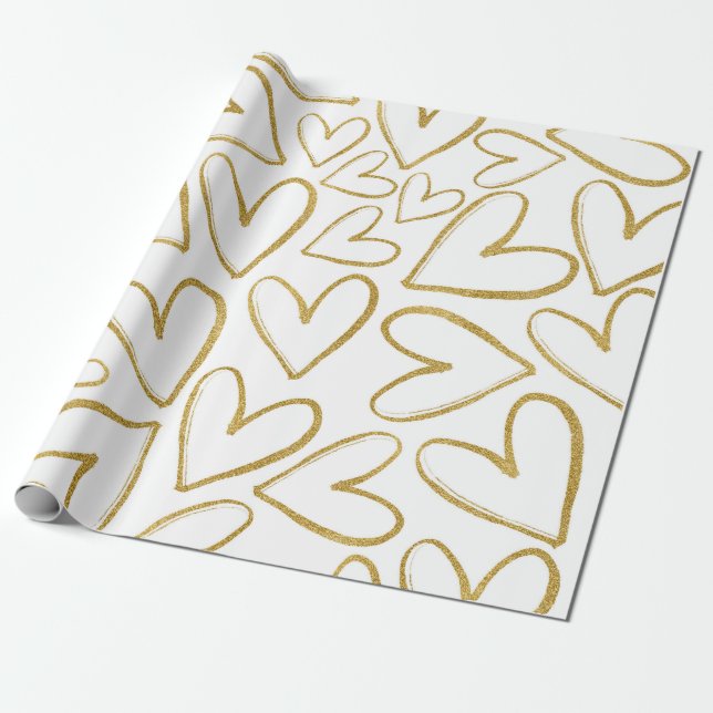 Kärlek känslig Golden Glitter Hearts White Presentpapper (Utrullad)
