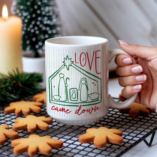 Kärlek Kom Ner Handritad Krubba JULFoto Kaffemugg (Cute Love Came Down Jesus Merry CHRISTmas hand drawn manger nativity Christian Christmas mug gift)