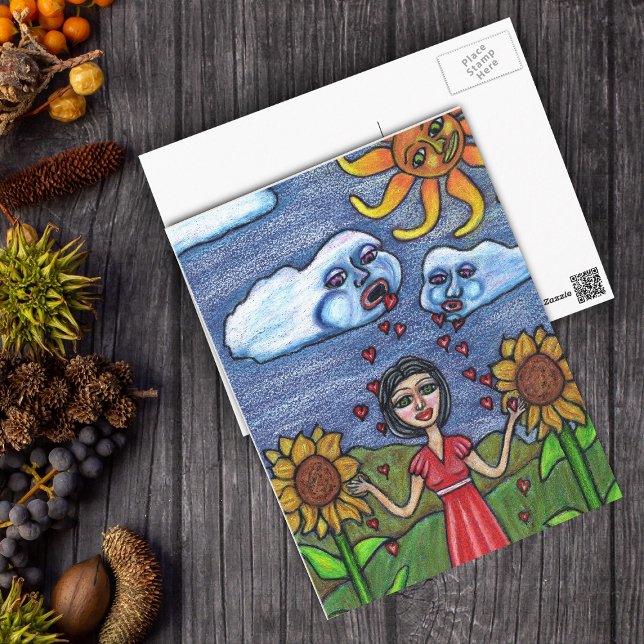 Kärlek kommer att få dig att växa vykort (Clouds raining red hearts down on lady in sunflowers with orange sun looking on postcard.)