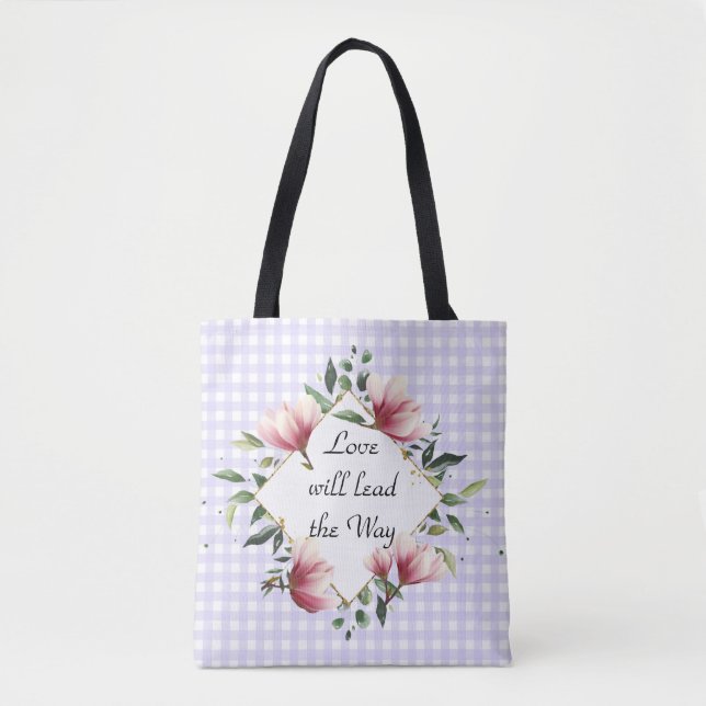 Kärlek kommer att leda Lilan Gingham Fashon Tote Tygkasse (Framsida)
