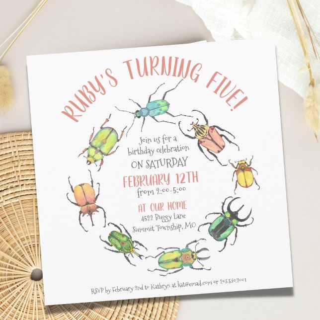 Kärlek Kryp Circle Watercolor Beetles Birthday Inbjudningar (Skapare uppladdad)