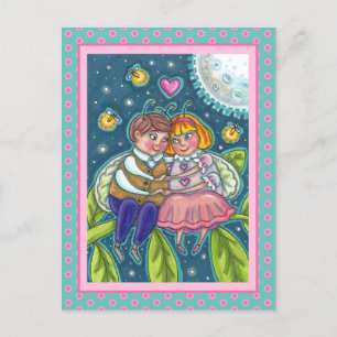 KÄRLEK KRYP, FIREFLIES & FULL MOON, CUTE VALENTINE HELG VYKORT