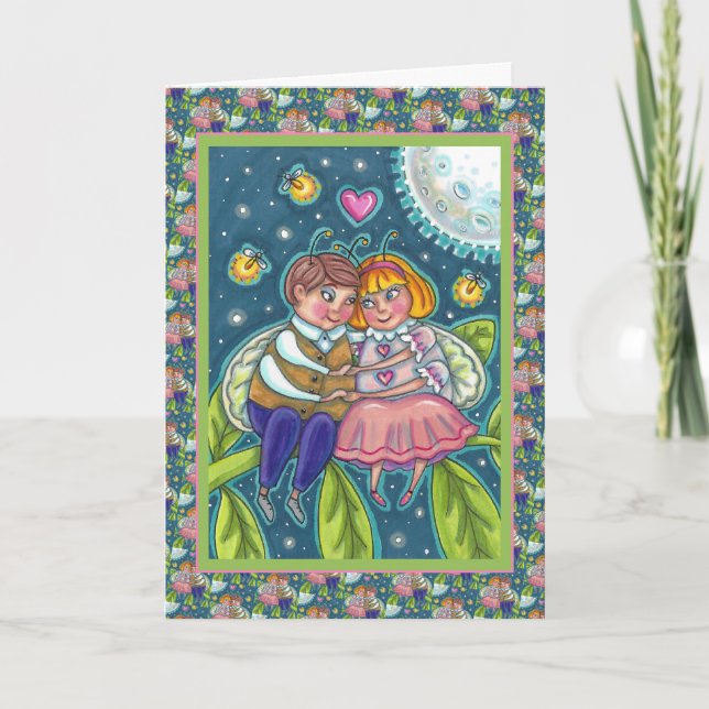 KÄRLEK KRYP, FIREFLIES & FULL MOON, CUTE VALENTINE HELGKORT (Framsida)