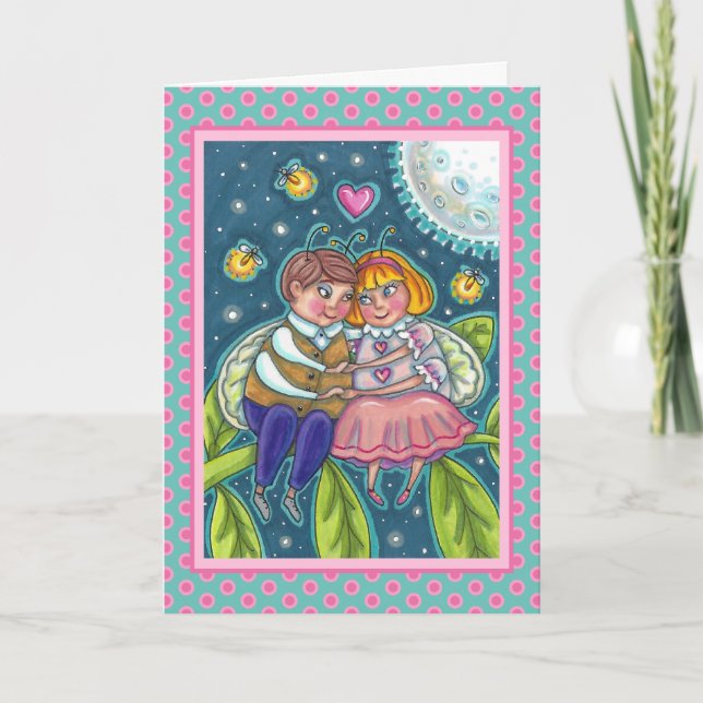 KÄRLEK KRYP, FIREFLIES & FULL MOON, CUTE VALENTINE HELGKORT (Framsida)