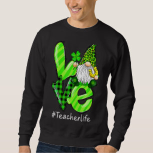 Kärlek Lärare Life Gnome Leopard Shamrock St Patri Lång Ärmad Tröja