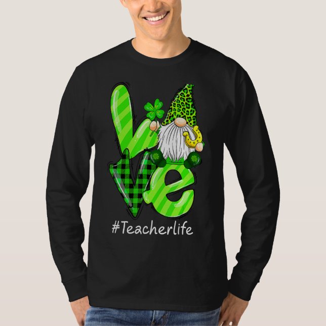 Kärlek Lärare Life Gnome Leopard Shamrock St Patri T Shirt (Framsida)