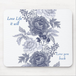 Kärlek Life Blue Blommigt Mouse Pad Musmatta