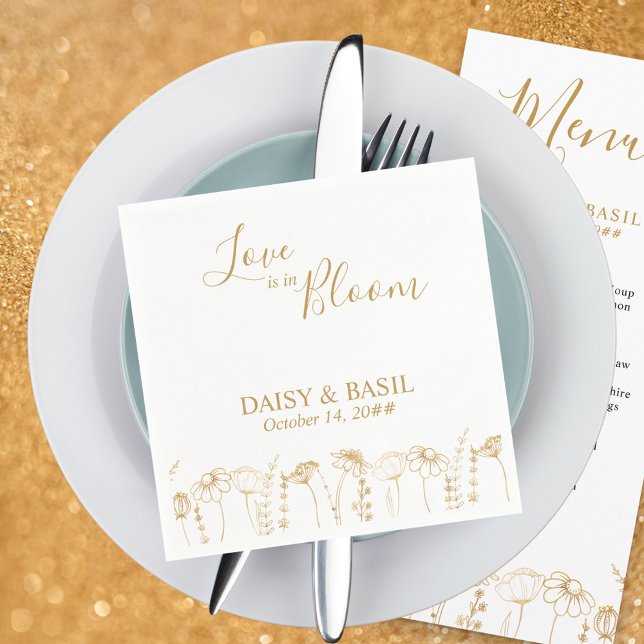 Kärlek ligger i Bloom Guld Wildblomsketch Bröllop Pappersservett (Love is in Bloom napkins in White & Gold, from my Wildflower Sketch collection)