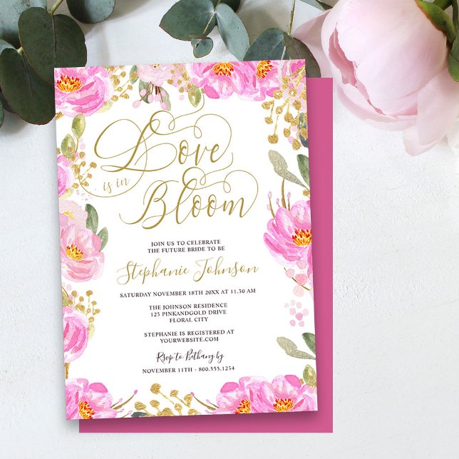 Kärlek ligger i Bloom Rosa Guld Blommigt Möhippa  Inbjudningar (Love is in Bloom pretty pink and gold floral bridal shower invitation)