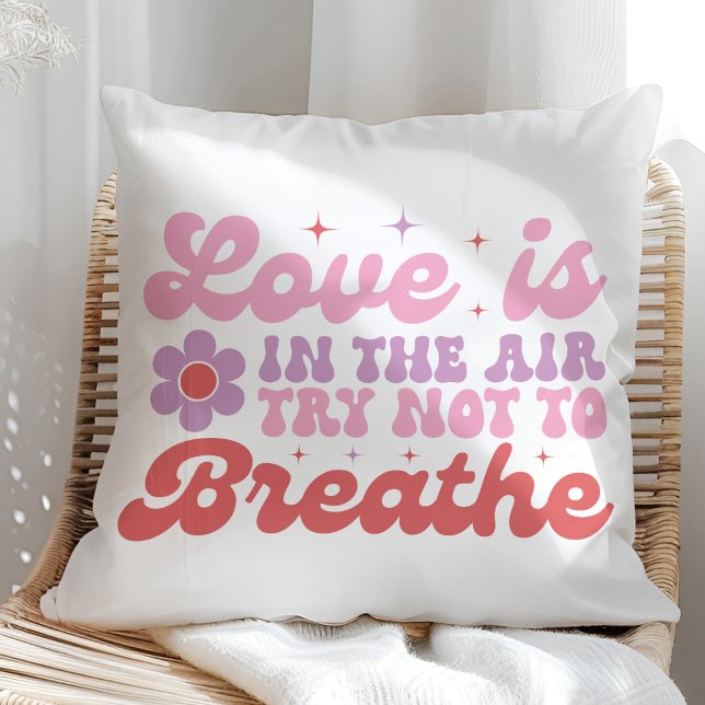 Kärlek ligger i Luft Funny Anti alla hjärtans dag Kudde (Love is in the Air Funny Anti Valentine Throw Pillow on a sunny rattan chair.)