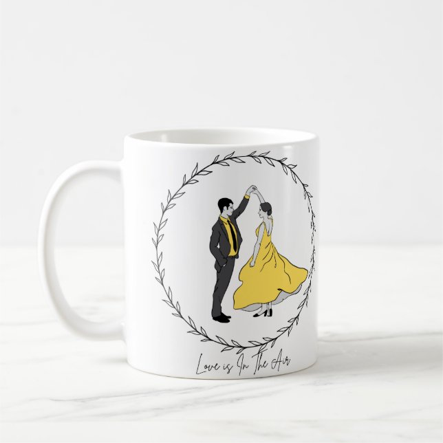 "Kärlek ligger i luft", lycklig par, Lycklig Bröll Kaffemugg (Vänster)
