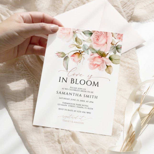 Kärlek ligger i Möhippan Bloom Rosa ros & Grönt Inbjudningar (Skapare uppladdad)